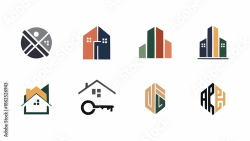 Collection of real estate and construction logo designs for branding.