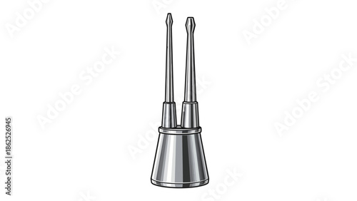 Illustration of a metallic precision tool with two pointed tips.