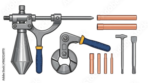 A collection of plumbing tools and copper pipes for repair.