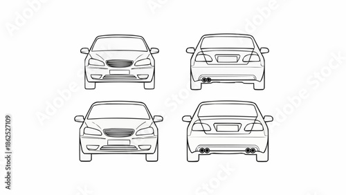 Car Design - Front and Rear Views in Line Art.