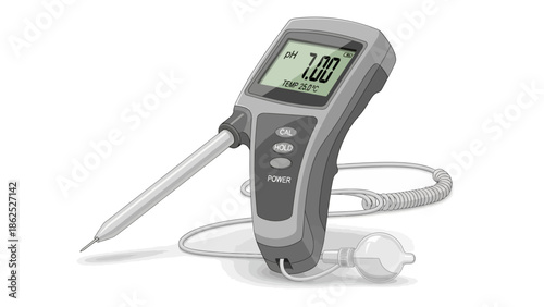 Digital pH meter showing neutral reading with temperature