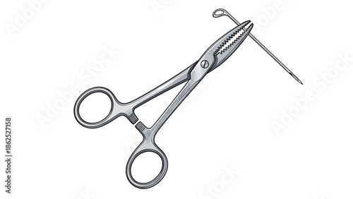 Surgical needle holder and needle on a white background.