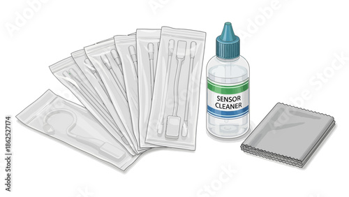 Camera sensor cleaning kit with liquid and wipes