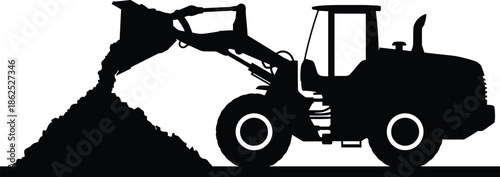 Construction loader silhouette dumping soil, heavy machinery working on ground, industrial earthmoving equipment icon isolated on white background for design