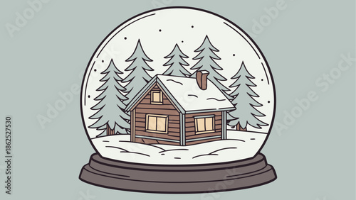 Cozy cabin in a snow globe Vector, illustration