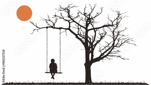 Child on swing under bare tree Vector, illustration