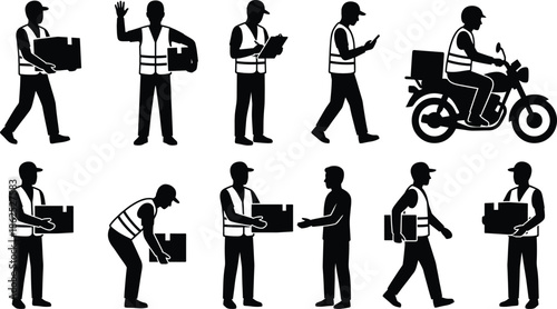 Delivery worker silhouette icon set showing courier logistics handling parcels documentation mobile use and motorcycle transport isolated on white background vector illustration