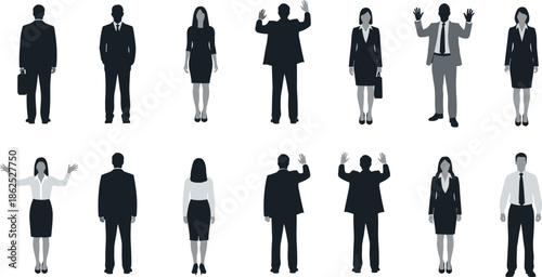 Set of Men and Women Icons in Formal Attire Standing, Working, and Raising Hands to Agree or Volunteer.