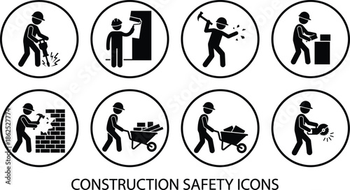 Construction safety icons set showing workers drilling hammering lifting cutting masonry and wheelbarrow tasks in circular warning symbols