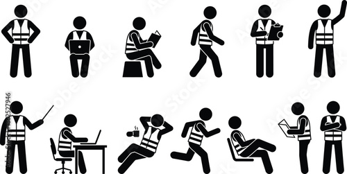 Construction worker activity silhouettes showing safety vest labor tasks working sitting running resting and inspection isolated on white background