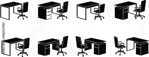Set of modern office desk and chair furniture silhouettes for workspace interior design vector
