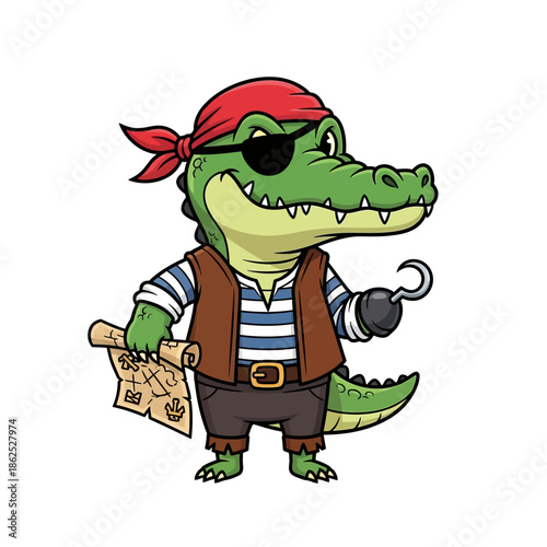 Cartoon Crocodile Pirate with Hook and Map.