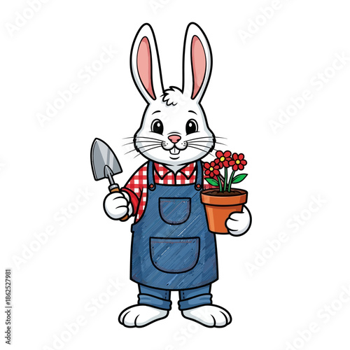 Cartoon Rabbit Gardener with Flowers and Trowel.
