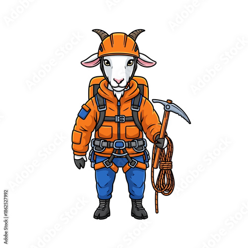 Illustration of a goat in climbing gear.