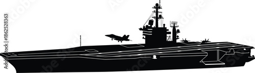 Aircraft carrier silhouette with fighter jets, modern naval warship, military aviation deck operations isolated black vector illustration on white background
