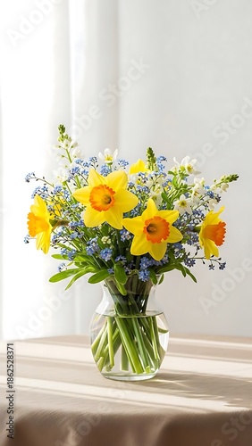 Sunflowers and baby's breath in a glass vase on a table