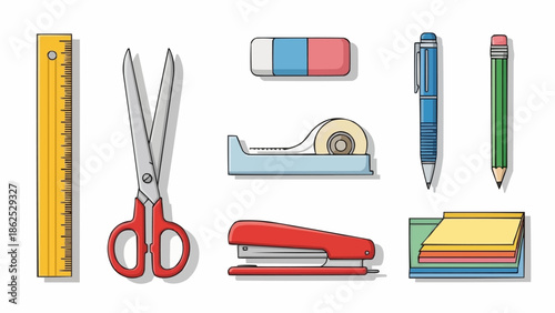 Stationery Items - Ruler, Scissors, Eraser, Tape, Pen, Pencil, Stapler, and Sticky Notes.