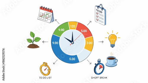 Time Management Clock with Productivity Icons and Color-Coded Segments.