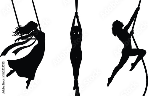 Female aerial dancer silhouette set performing acrobatics on ropes grace strength movement circus art fitness concept elegance balance flexibility performance