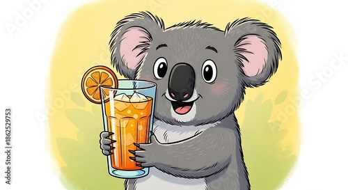 Cartoon koala holding orange juice glass.