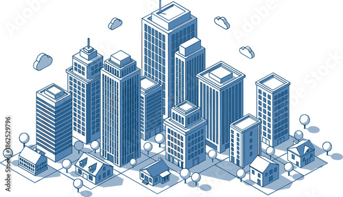 Isometric blue line art illustration of a modern city skyline with skyscrapers office buildings houses and street trees