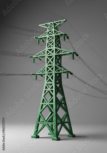 Towering green energy transmission pillar, delivering power afar, overhead lines