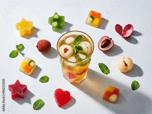 Vibrant lychee drink with playful fruit ice cubes and fresh mint leaves