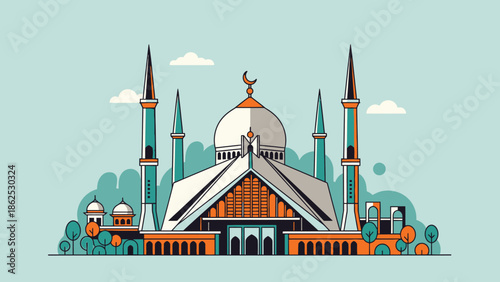 Modern Mosque Illustration with Minarets and Dome, Islamic Architecture