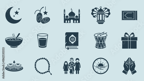 Islamic Icons Set: Ramadan, Eid, Prayer, Family, Food, Mosque, Quran, Dates, Crescent