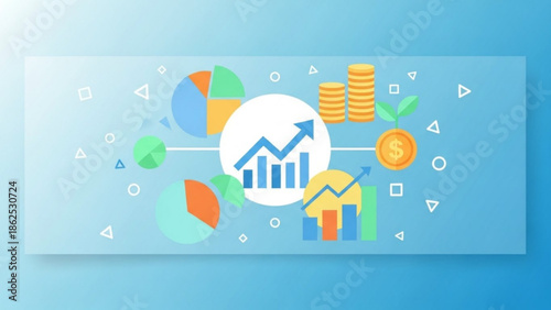 Business growth and finance concept with graphs, charts, and coins on blue background