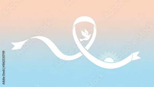 Peaceful dove flying under sunrise with ribbon banner on gradient background