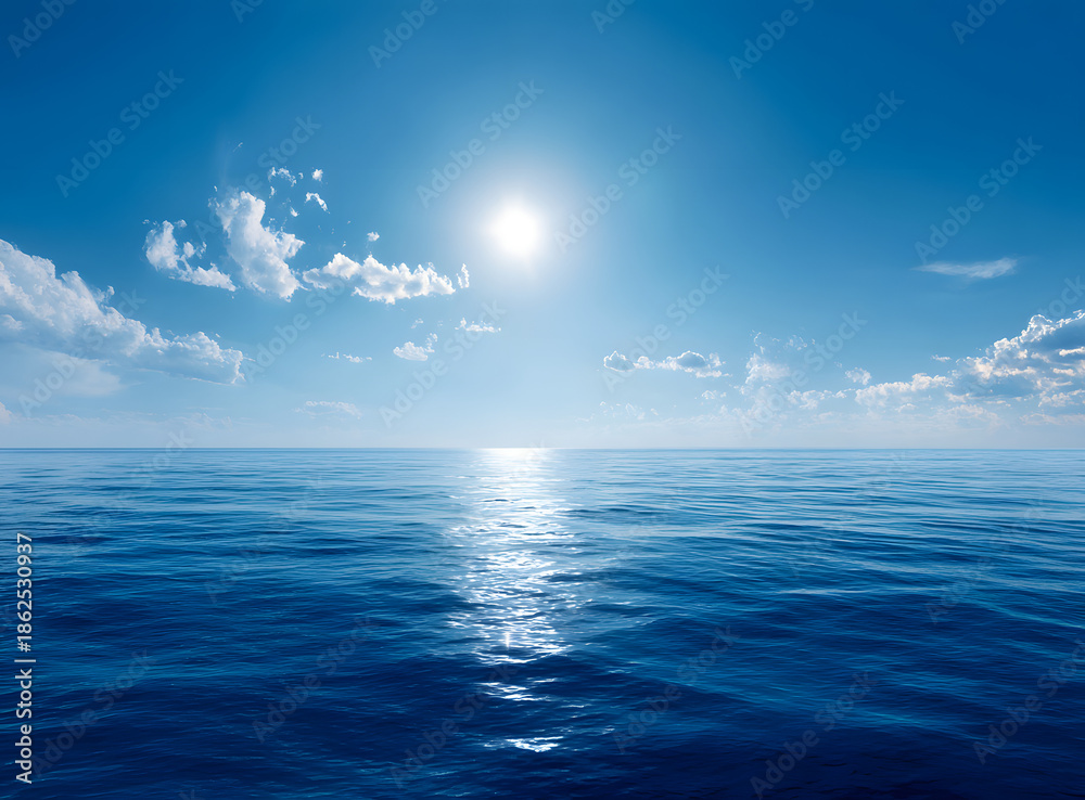 Obraz premium Bright Sun Over Calm Blue Ocean Horizon, Clear Sky and Peaceful Seascape