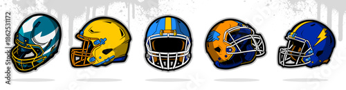 Five cartoon-style American football helmets in various team colors and designs, including blue, yellow, teal, and orange, with different face mask colors.
