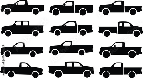 Pickup truck silhouettes set, different models, utility vehicles, transport icons, automotive collection, black vector illustration design