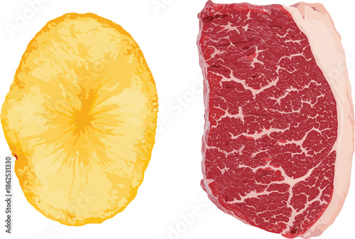 Potato chip and raw beef steak, food controncept, fried chip, marbled meat, processed vs raw, nutrition contrast,