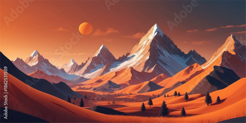 Stylized alpine mountain range with bold contrast colors and clean vector composition.