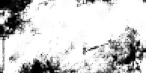 Abstract Black and White Pixel Halftone Background with Grunge Digital Texture