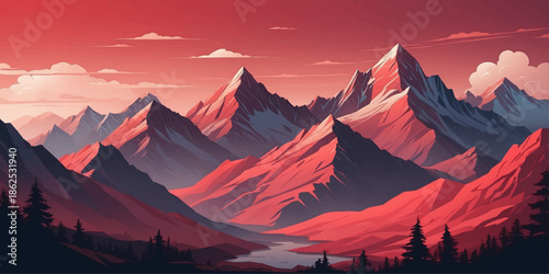 Premium landscape illustration showcasing stylized mountains and artistic depth layering.