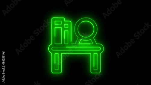 Neon green line bookshelf icon glowing on black background glowing furniture motion graphic