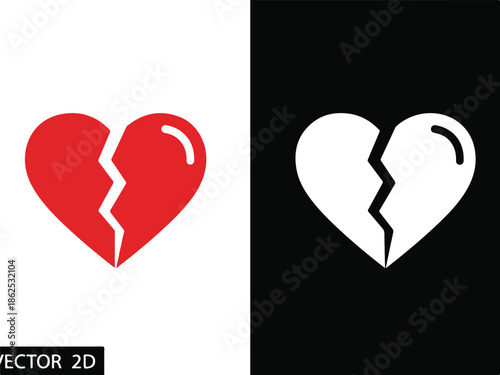 Vector illustration of broken heart symbols in red and white on contrasting backgrounds for Valentine's Day or love-themed designs.