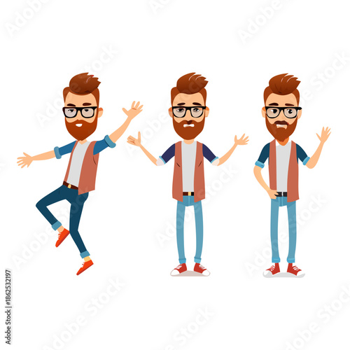 Hipster man character creation set with different gestures and emotions, cartoon vector illustration on white background. Funny hipster, young man creation set, moving arms, legs, animation ... See Mo