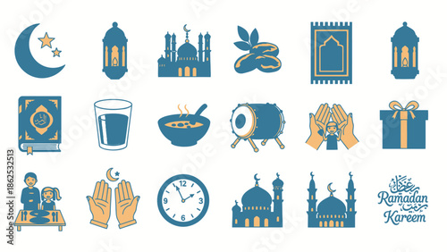 Ramadan Icons Collection: Moon, Mosque, Dates, Prayer Mat, Lantern, Quran, Food, Drum, Hands, Gift