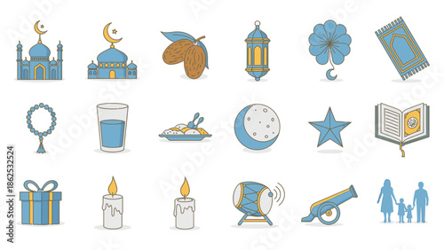 Ramadan Islamic Icons Set: Mosque, Dates, Lantern, Prayer Mat, Quran & More
