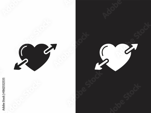 A graphic illustration of two heart shapes with arrows, one black and white, against a split white and black background, conveying a symbolic contrast in a minimalist style.