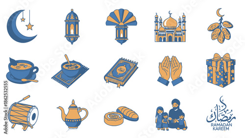 Ramadan Icons: Moon, Mosque, Lantern, Dates, Prayer, Gifts, Food, Family