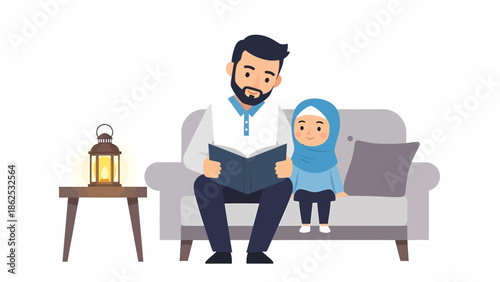 Father reads a story to his daughter on the sofa