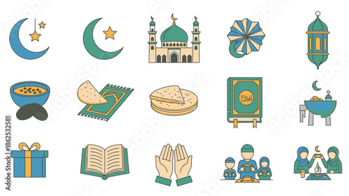 Ramadan Icons: Moon, Mosque, Quran, Prayer, Food, Family, Gift, Lantern