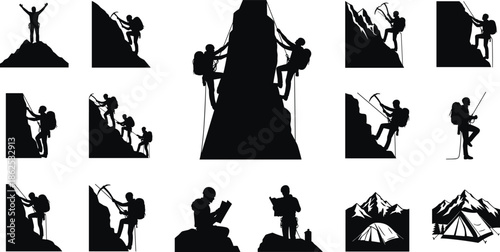 Extensive Set of Mountaineering Silhouettes Featuring Rock Climbers Alpinists Rappelling Campers and High Mountain Peaks for Extreme Adventure Sport Design