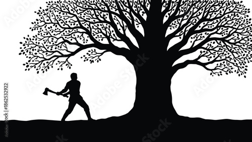 Man cutting large tree silhouette, deforestation concept, environmental destruction, nature exploitation, lumberjack action isolated on white background illustration studio cutout