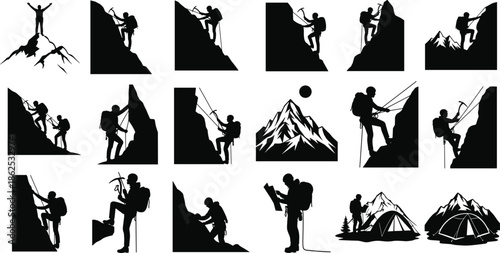 Professional Mountain Climbing and Mountaineering Silhouettes Featuring Rock Climbers Alpinists Campers and High Peaks for Extreme Sport and Adventure Design